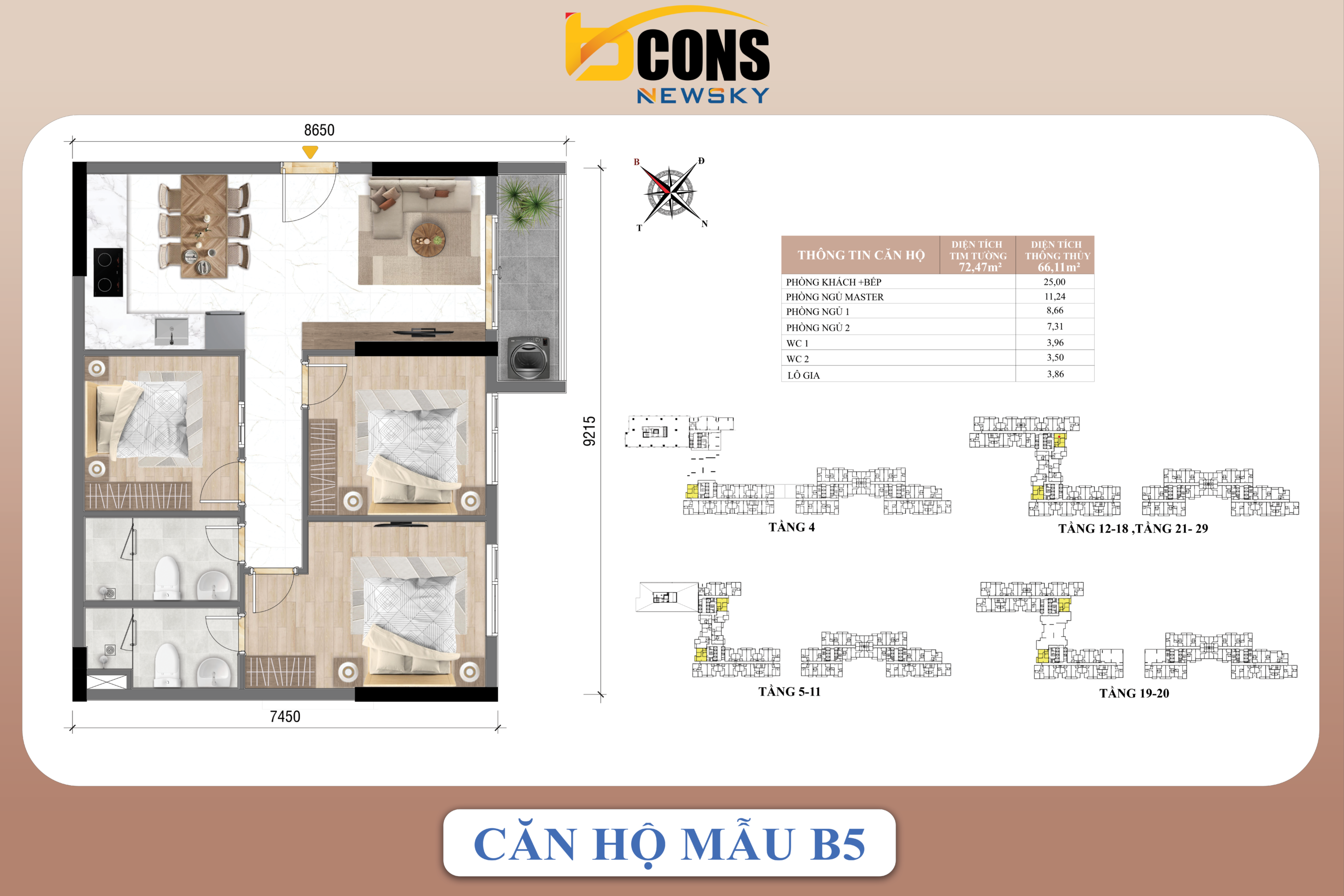 mặt bằng căn 3Pn2wc Bcons NewSky B5