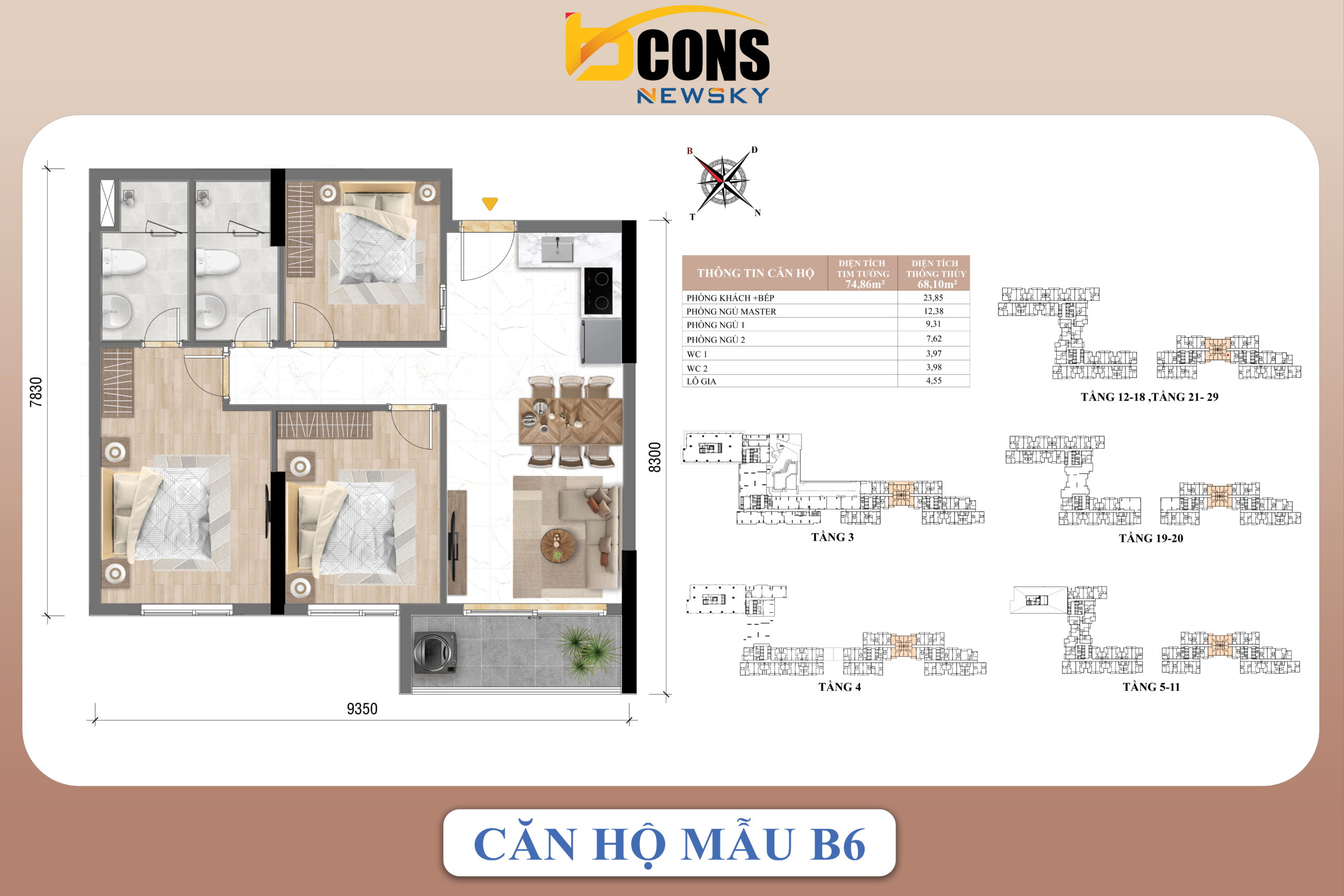 mặt bằng căn 3Pn Bcons NewSky B6